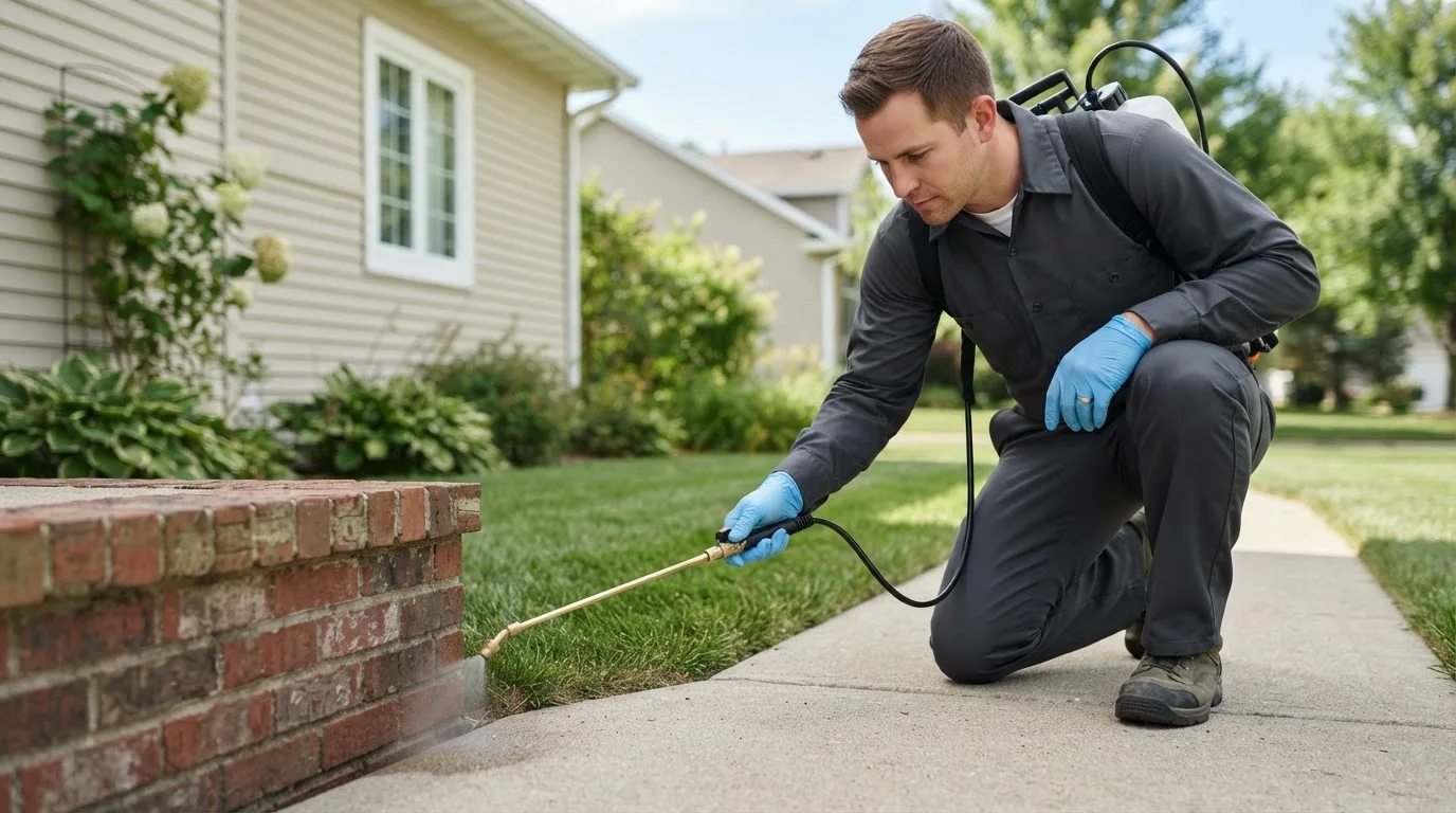 Pest control technician treating a home near South Saint Paul, MN